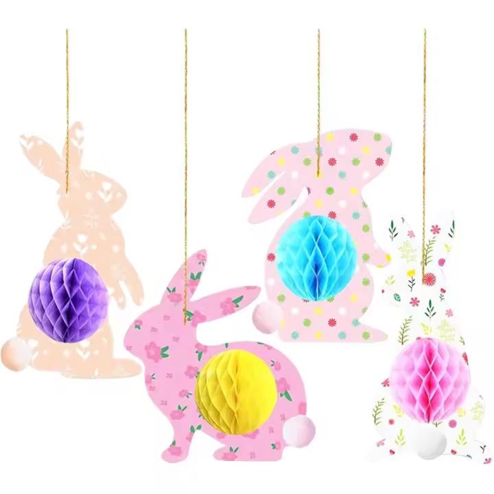 Decoración de Pascua - 4 piezas Conejito de Pascua - Centro de mesa de nido de abeja de papel de conejo de Pascua - Decoraciones para fiesta de Pascua - Decoración de Pascua con cuerda - 12x23cm - 1