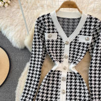 Vestido Largo De Punto Vintage REALEFT Para Mujer Cuello V Manga Larga Botones Estilo Clásico Otoño Invierno Talla Regular - details 2