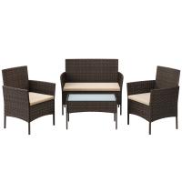 Conjunto de muebles de jardín en ratán, sofá 2 plazas, 2 sillones individuales y una mesa de centro con tapa de vidrio, muebles de patio de mimbre, elegante diseño en marrón y topo - details 0
