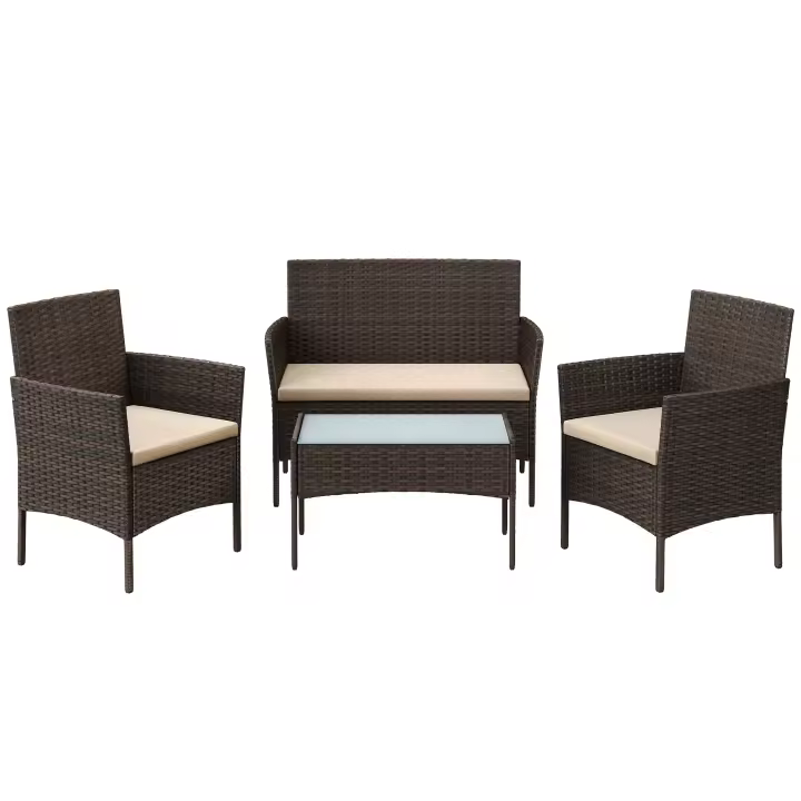 Conjunto de muebles de jardín en ratán, sofá 2 plazas, 2 sillones individuales y una mesa de centro con tapa de vidrio, muebles de patio de mimbre, elegante diseño en marrón y topo - 1