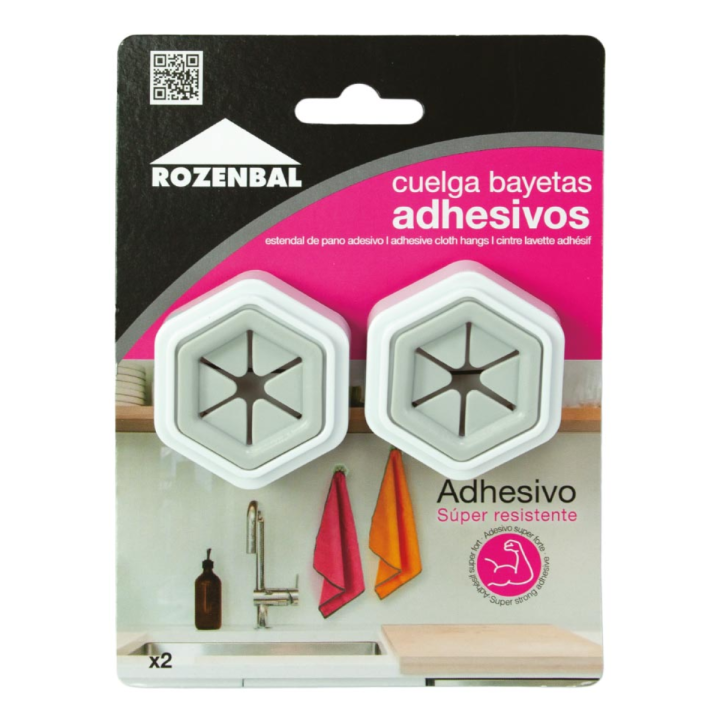 2 Cuelga bayetas Adhesivos sin dañar las paredes - Colgadores con adhesivo fuerte sin tornillos para trapos y bayetas - Ideal Baño o Cocina  - Colgador Superficies lisas o azulejos - Pack 2 Marca Rozenbal