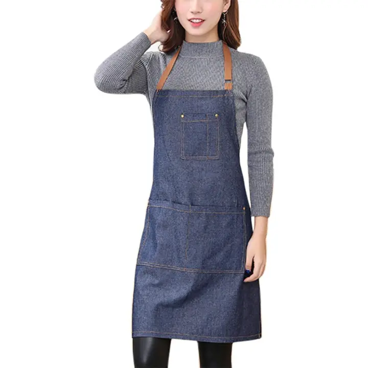Mujeres largo Denim delantal Halter ajustable jeans delantal para cocina restaurante café 71*65cm - 1