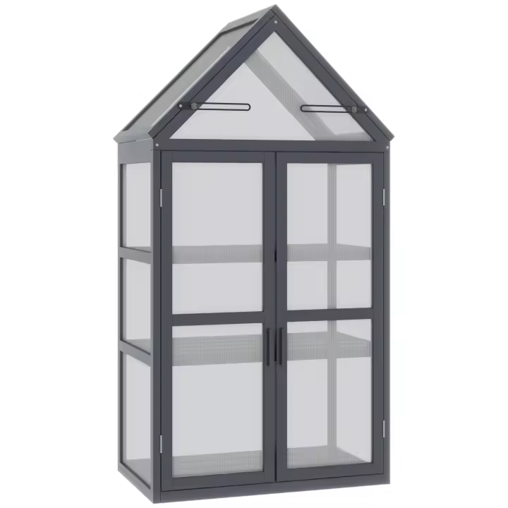 Outsunny Cold Frame Plant Bed con 3 Niveles, Techo Abatible Resistente a la Intemperie Mini Invernadero con Puertas Dobles Invernadero de Madera Policarbonato Natural 70.5 x 42 x 132 cm - 1