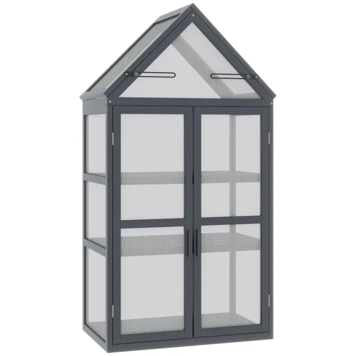 Outsunny Cold Frame Plant Bed con 3 Niveles, Techo Abatible Resistente a la Intemperie Mini Invernadero con Puertas Dobles Invernadero de Madera Policarbonato Natural 70.5 x 42 x 132 cm - 1
