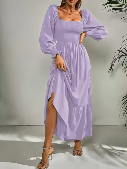 Vestido De Mujer Para Primavera/Verano Con Cuello Cuadrado Y Mangas Largas Ajustado En Cintura Con Volantes Y Corte Flared - 1
