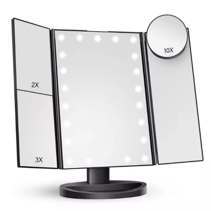 Espejo de Maquillaje, [Regalos Navidad] Espejo de Mesa Tríptico con Aumentos 10X, 3X, 2X y 1X, Espejo Cosmético Pantalla Táctil en Iluminacíon 21 Led, Carga con USB o Batería, Adjustable 180º - 1