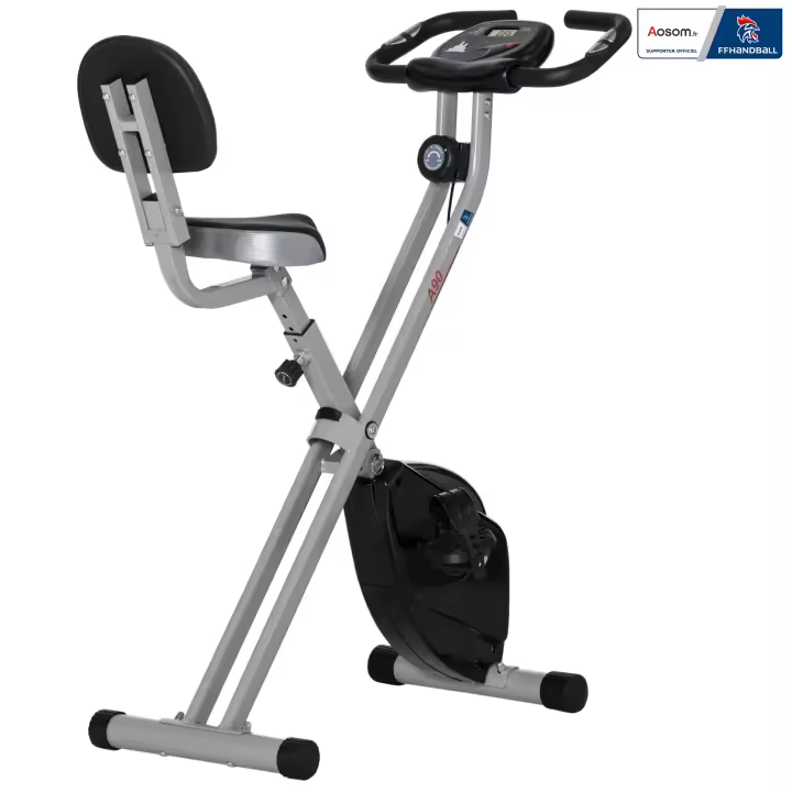 HOMCOM Bicicleta estática plegable - Colaboración Aosom.fr x FFHandball - 8 niveles de resistencia magnética con respaldo ajustable Pantalla LCD multifunción Sensor de frecuencia cardíaca - 1