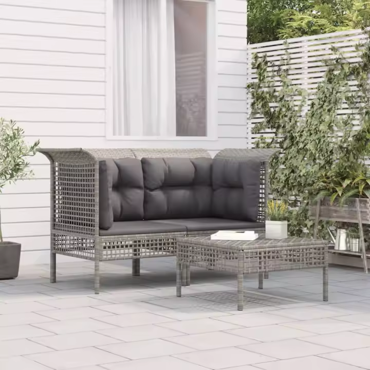 vidaXL Set de muebles de jardín 3 pzas y cojines ratán sintético gris en modelo 2x corner + footrest/2x Esquina + centrales | acolchados duraderos para sofás de jardín terraza exterior - 1