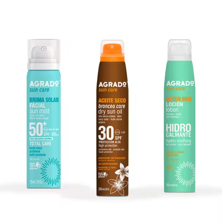 AGRADO - Brumas + Broncea Care, Set con Bruma Facial Solar SPF50+ 75 ml, Broncea Care SPF30 200 ml, Aftersun Hidrocalmante Aerosol 200 ml, Protección Muy Alta con Fórmula Vegana, Potenciador del Bronceado, para Pieles Sensibles, Resistente al Agua - 1
