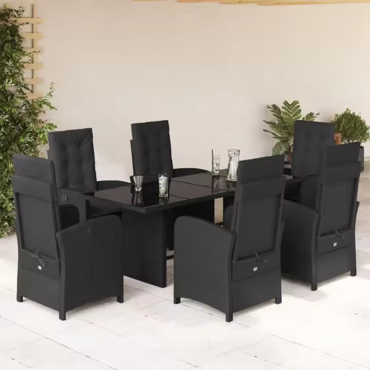 vidaXL Set de comedor de jardín 7 pzas y cojines ratán sintético negro - 1