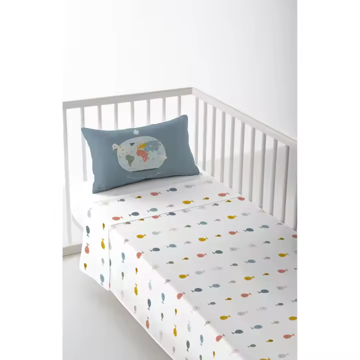 JUEGO DE SÁBANA CUNA/MAXICUNA INFANTIL BEBÉ 100% ALGODÓN MAPA MUNDI COOR HACIENDO EL INDIO FABRICADO EN ESPAÑA - 1