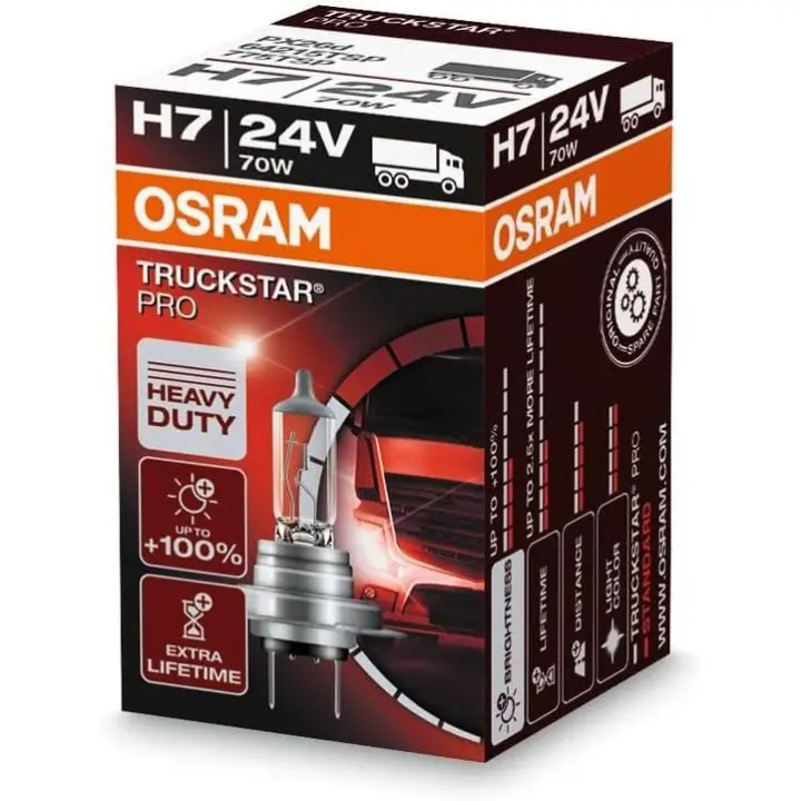 OSRAM TRUCKSTAR PRO H7, lámpara para faros halógena, 64215TSP, vehículo industrial de 24 V, estuche (1 unidad) - 1