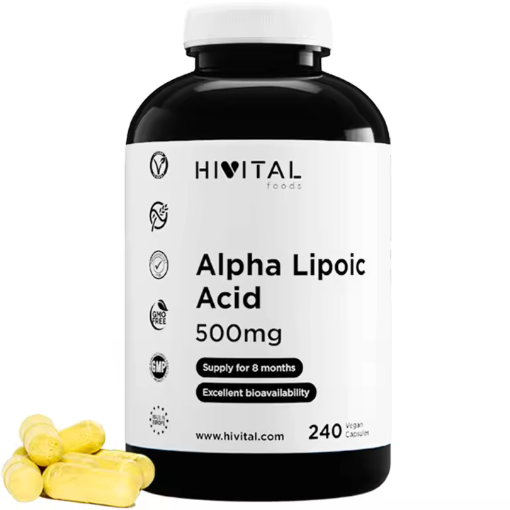 Ácido Alfa Lipoico (ALA) 500 mg. 240 cápsulas veganas para 8 meses de tratamiento. Antioxidante que ayuda a reducir la inflamación, frena el envejecimiento, y mejora la energía y el sistema nervioso. Hivital - 1