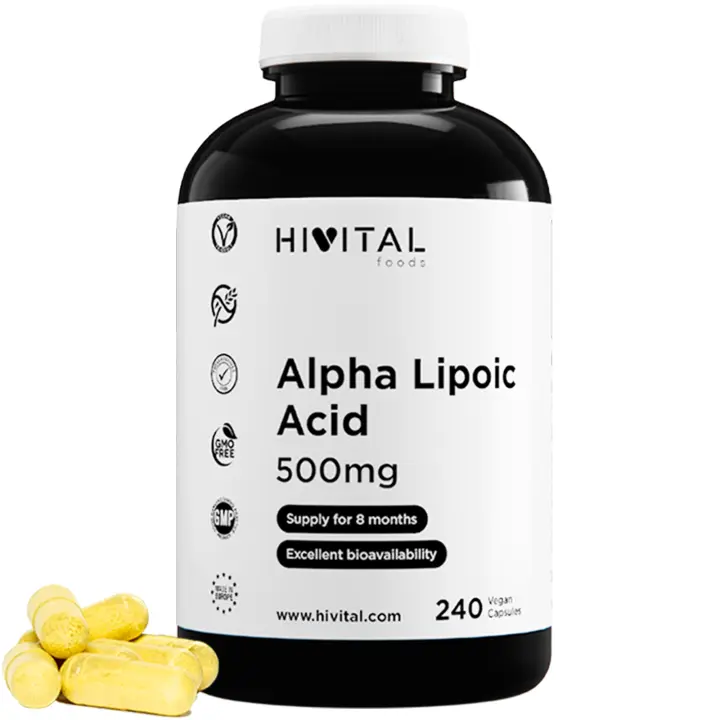 Ácido Alfa Lipoico (ALA) 500 mg. 240 cápsulas veganas para 8 meses de tratamiento. Antioxidante que ayuda a reducir la inflamación, frena el envejecimiento, y mejora la energía y el sistema nervioso. Hivital - 1