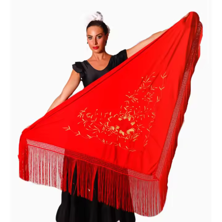 Mantón grande flamenco color rojo con bordado rojo y dorado y flecos rojos - 1