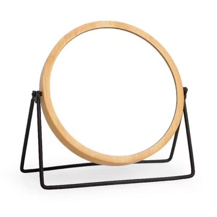 STARLEY-Espejo De Maquillaje De Doble Cara Con Marco De Bambú Y Aumento,Espejo Redondo Giratorio Con Soporte,Espejo de tocador pequeño,19,5 x 19 cm Ø15cm - 1