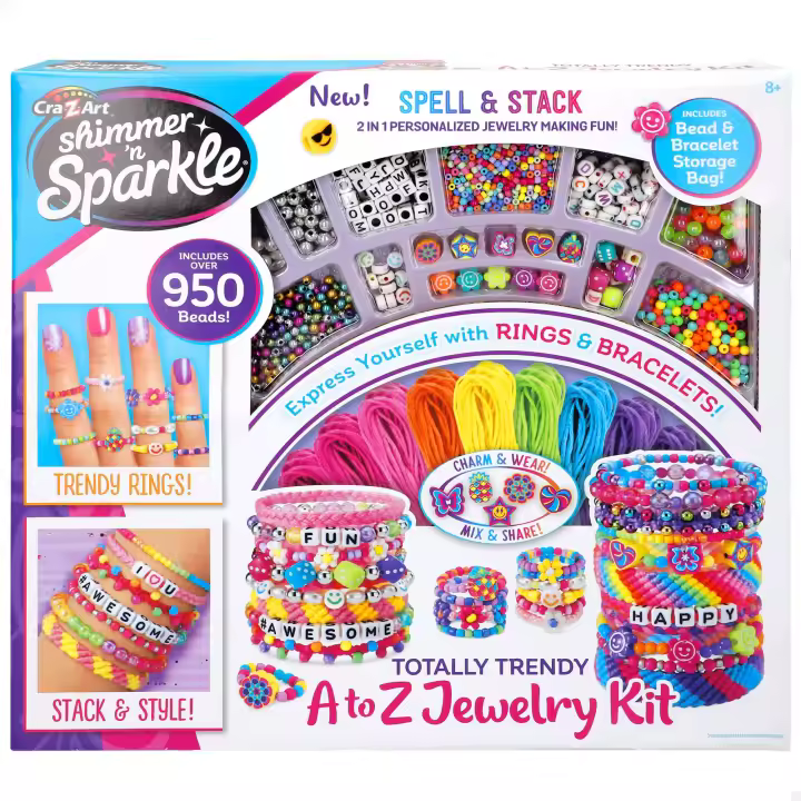 Cra-Z-Art Shimmer N Sparkle - Kit para hacer pulseras y anillos, juego de pulseras para niñas, cuentas de arcilla, semillas, flores, plateadas, alfabéticas, geométricas, multicolores, dados, perlas, manualidades niña, juguetes de niñas de 8 años - 1
