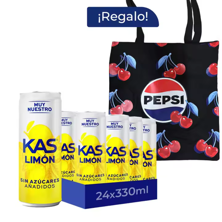 Pack Regalo Kas Limón Zero 24 Latas x 330 ml + Tote Pepsi, Refresco de Zumo de Limón, sin Azúcares Añadidos, Intenso Sabor Cítrico, Bebida Refrescante con Gas, Ideal para Compartir y Refrescarte en Cualquier Momento - 1