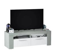Meimon Mueble TV AMBIT con 2 puertas, 2 huecos superiores con pasacables, tiradores metálicos efecto cromo, patas y tacos ABS, acabado en Blanco Artik y Cemento, estructura en tablero melaminizado E1 de 15 mm, medidas 120x42x40 cm, soporte 40 kg - details 0