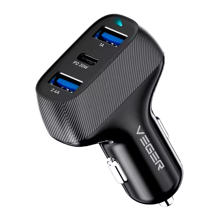VEGER - Mechero coche - Potencia 37W - Carga rápida 20W - Salidas 2x USB-A, 1x USB-C - Color negro - 1