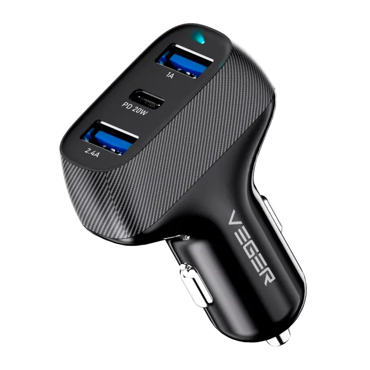 VEGER - Mechero coche - Potencia 37W - Carga rápida 20W - Salidas 2x USB-A, 1x USB-C - Color negro - 1