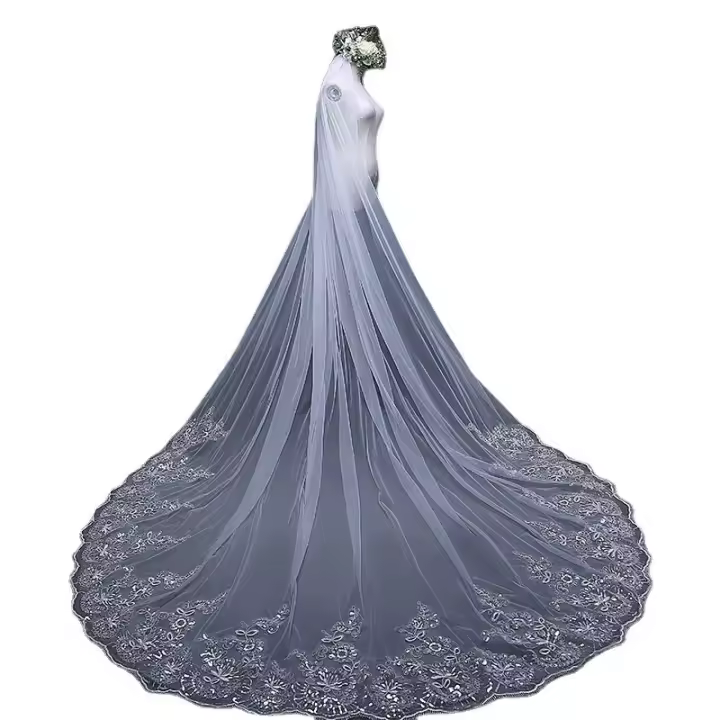 Velo De Novia De 3x3 Metros En Blanco Ocre Negro Con Aplicaciones De Encaje Velo De Boda Catedral Para Mujer - 1