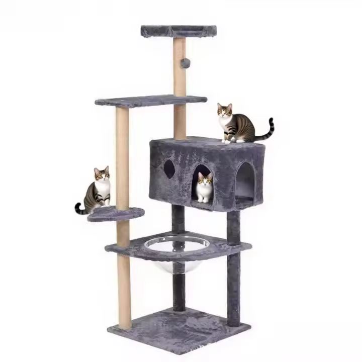 Torre Rascador para Gatos con Casa, 148 cm de Alto, Base 50x50 cm, Plataformas Múltiples, Gris - 1
