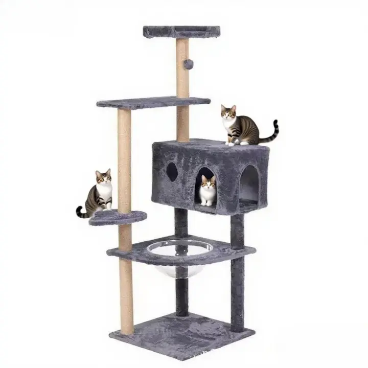 Torre Rascador para Gatos con Casa, 148 cm de Alto, Base 50x50 cm, Plataformas Múltiples, Gris - 1