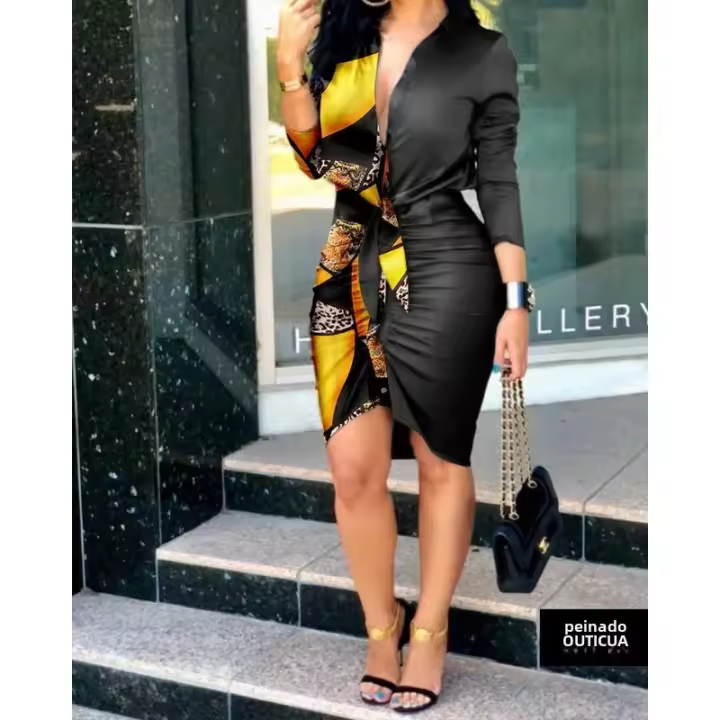 Vestido Casual De Verano Para Mujer Estilo Elegante Con Cuello En V Color Sólido Manga Larga Ajustado Con Cordón Vestido De Comunicación De Vacaciones - 1
