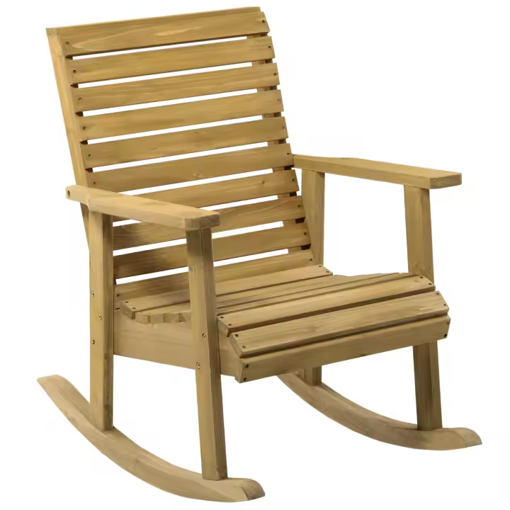 Outsunny Silla Mecedora de Madera Mecedora Balancín con Reposabrazos y Diseño Listones Carga 130 kg para Jardín Terraza Porche Patio 86x64x85 cm Natural - 1