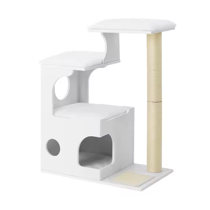 Feandrea Árbol de Gatos, Tablero de aglomerado de 86 cm de Altura, con Poste de Sisal, Plataforma, Cubierta de Piel Sintética Lavable, Greige y Blanco /Marrón Rústico/Gris Niebla/Blanco Nube - 1