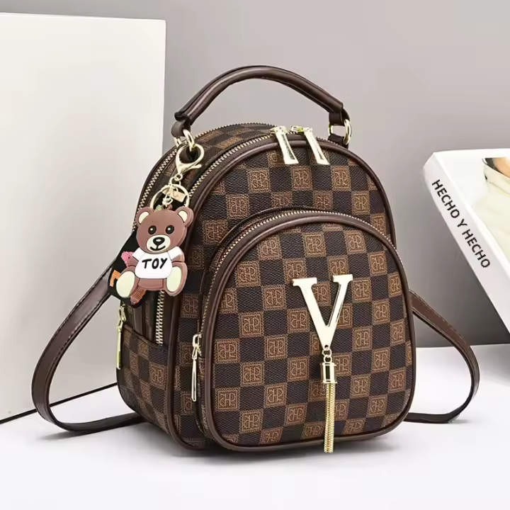 Mochila Vintage a Cuadros Para Mujer Estilo Girly Con Contraste De Hombros Mochila Redonda De Moda Cruzbody Sencilla Con Costuras Material PVC - 1