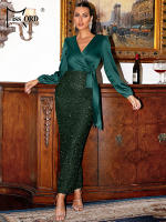 Vestido Elegante De Seda Con Detales De Lámpara Y Cuello En V Para Mujer Vestido De Noche De Fiesta Cocktail Slim Fit Con Manga Larga Y Cierre De Cordón - details 2