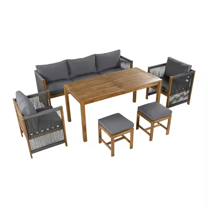 Juego de Mesa de Comedor de Jardín, juego de tumbonas de Jardín, 6 piezas. Juego de muebles de Jardín, sofá para tres plazas, 2 sofás individuales, 2 taburetes, de Comedor Mesa, tablero de Madera de Acacia, Gris - 1