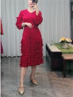 Vestido Elegante De Mujer 2024 Pleated Miyak Primavera Otoño V-Neck Suéter Beaded Exquisito Cinturón A-Line Midi Vintage Polyester - details 4