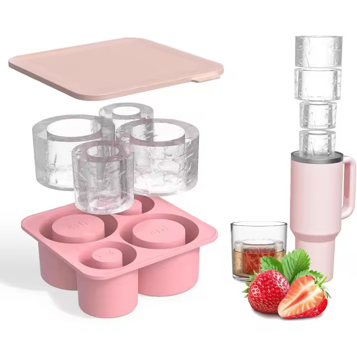 Bandeja de silicona para Cubitos de Hielo con tapa para Vaso Stanely, Moldes para Vagos de Hielo, bandejas cilíndricas de silicona para freezador, sin BPA, Aptas para lavavajillas (Rosa) - 1