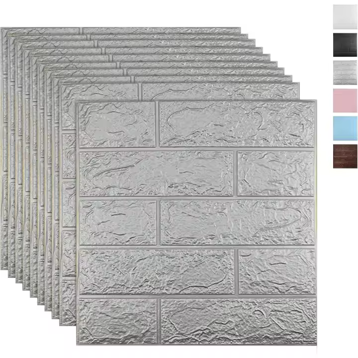10 Paneles de Pared 3D Plateados, Cobertura de 14.5 m², Papel Tapiz Adhesivo Imprimible con Ladrillo Impermeable Autoadhesivo de Espuma PE, Gris. - 1