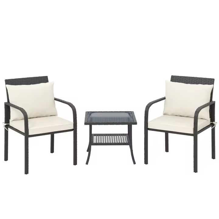 Outsunny Conjunto de Jardín Exterior de 3 Piezas Muebles de Jardín con 2 Sillas con Cojines Extraíbles Lavables y Mesa Terraza con Estante Tablero de Vidrio Templado para Balcón Patio Marrón y Crema - 1