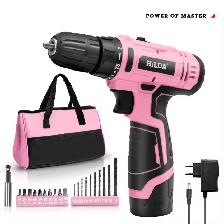 Taladro eléctrico del Li-Ion de las mujeres, talón Rosado del poder fijo para el equipo de herramienta sin la Cuerda del conductor del taladro de las mujeres 12V - 1