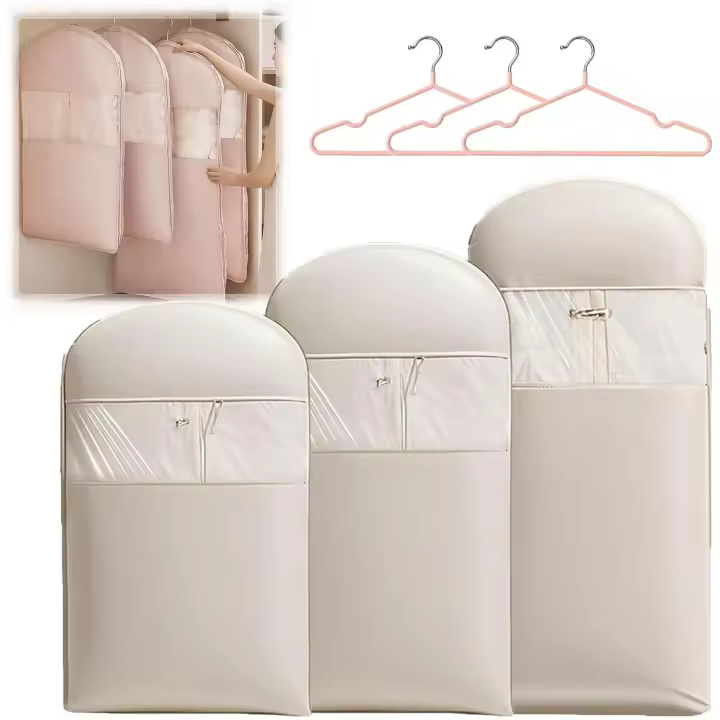 Bolsa de ropa para colgar con cremallera autocompresión, ahorro de espacio, bolsas de viaje con percha, bolsa de ropa colgante con cremallera autocomprimible (caqui claro, El paquete) - 1