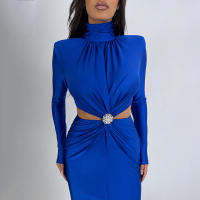 Vestido Largo Elegante Para Mujer Con Cuello Alto Y Manga Larga Efecto De Hollow out Adecuado Para Club Fiesta Noche Otoño Invierno Slim Fit Polyester - details 6