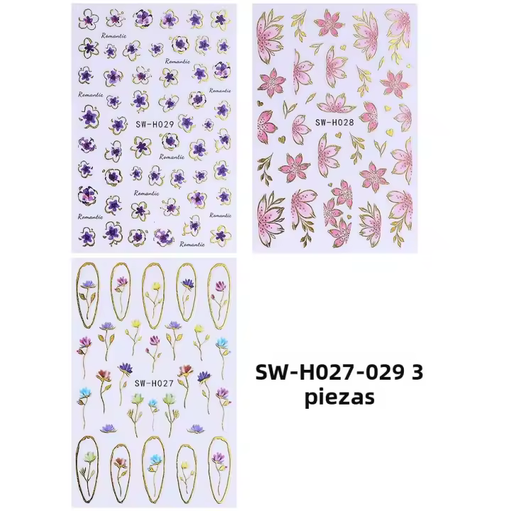 3pcs Etiquetas De Uñas Elegantes Con Líneas Metálicas Doradas Y Flores 3D Decoraciones Para Manicura DIY Tamaño Alrededor De 9.5x6.4cm - 1