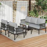 Conjunto de chaise longue de Jardín, Conjunto de muebles de Jardín con cojines, de 3 plazas Sofá, 2 sillones y Mesa de Centro, Exterior, Tabla de Cristal, Reposabrazos de Cuerda trenzada, Acero galvanizado - details 1