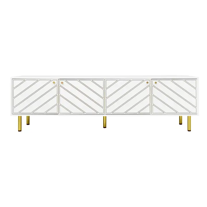 Soporte de TV Moderno Blanco | Asas Doradas + Pies de Metal Premium | 4 Puertas con Almacenamiento Amplio | Diseño Elegant para Estilos Nórdicos, Clásicos y Modernos | Ideal para Salón y Espacios Premium - 1