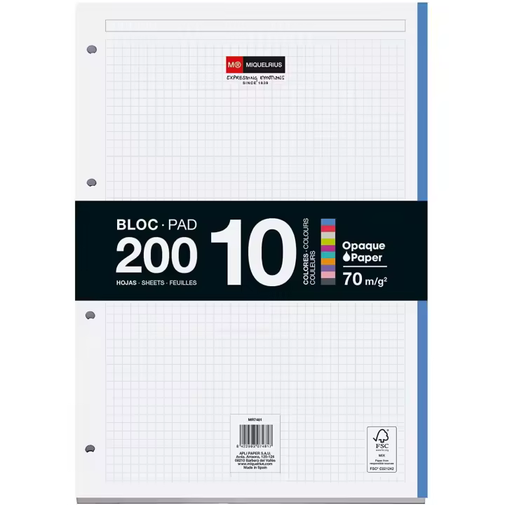 Miquelrius MR7481  - Bloc Recambio Hojas Encoladas, 10 Franjas de Colores Intensos, 200 Hojas Cuadriculadas de 5 mm, Tamaño A4, Papel 70 g/m², 4 Taladros - 1