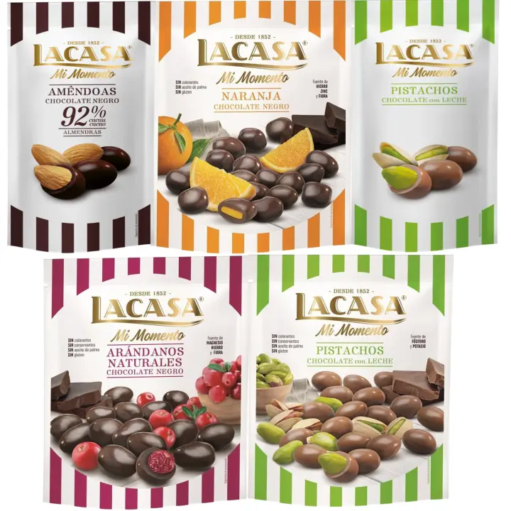 Lacasa Mi Momento pack de 5:Pistacho Chocolate Leche ,Almendra 92% ,Arándano Chocolate Negro ,Naranja Chocolate Negro ,Pistacho Chocolate Leche - 1