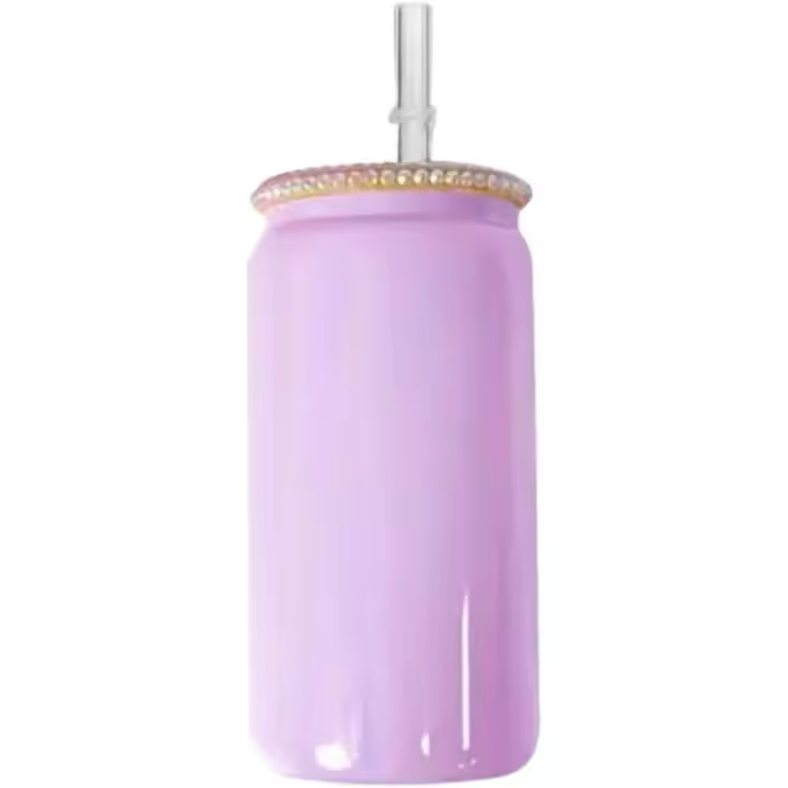 Vaso con tapa de 16 oz, botella de agua de vidrio con purpurina brillante, vaso de lata de cerveza con diamantes de imitación para café helado, cerveza, jugo, refresco, morado - 1