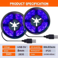 Tira De Luz LED UV Flexible 2835 SMD 5V Purpura 395-405nm Ultravioleta Para Detectar Dinero Decoración De Navidad Para El Hogar - details 6