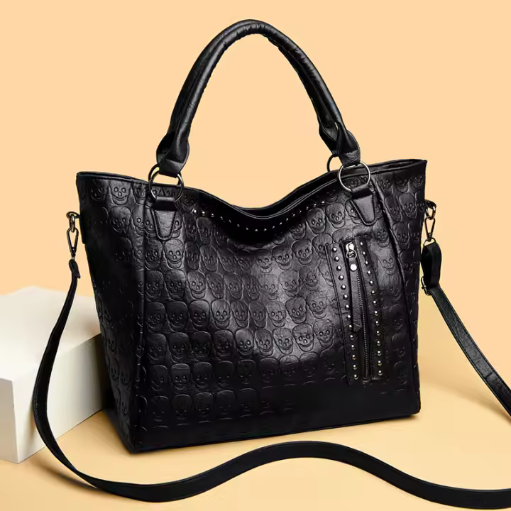 Bolso bandolera grande de piel sintética con estampado de calavera punk y hombro apilado gótico para mujer - 1