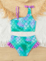 Bikini Infantil Ajustable Con Estampado De Escamas De Pez Y Volantes Para Niñas Traje De Baño De Verano Para Niñas Con Estilo Surf Y Playa - details 4